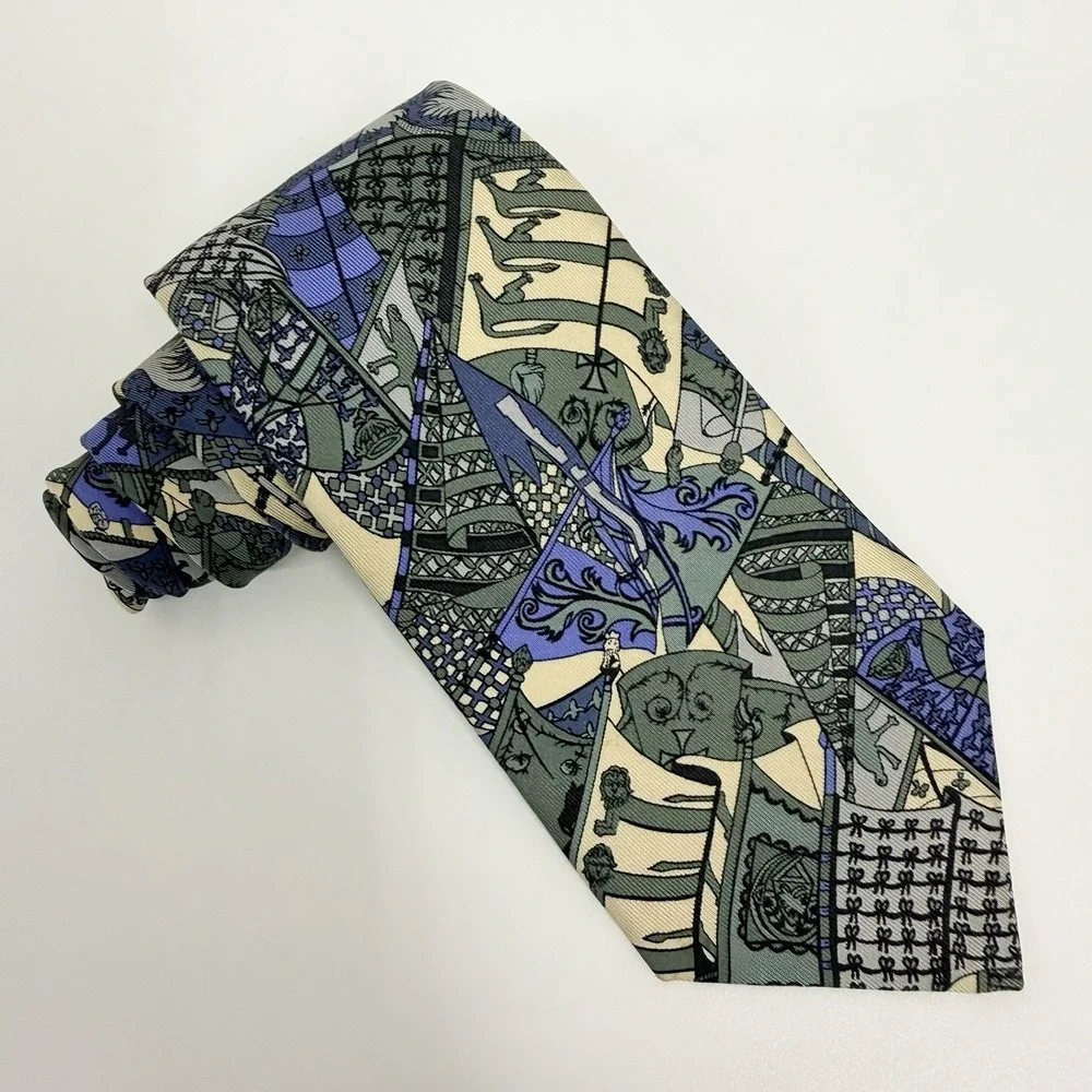 Hermes Scarf Tie Abstract Art Heraldry Blue/Sage/Yellow Silk 7286 MA 3.25